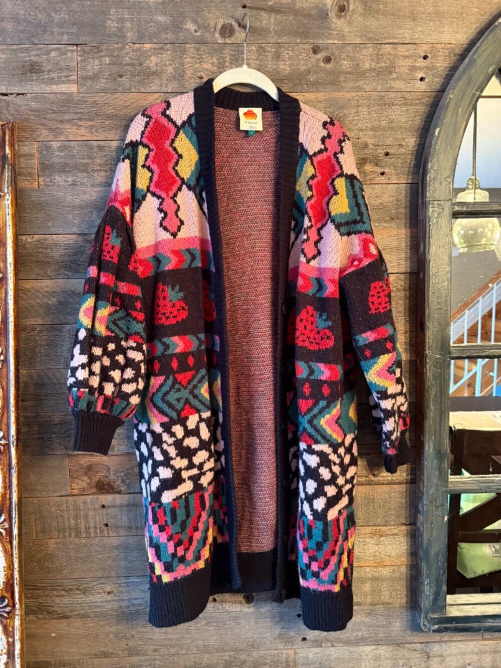 Farm Rio Crazy Mix Strawberry Colorful FLAW Fuzzy Long Cardigan Sweater Sz S